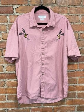 Urban Outfitters Pink Short-Sleeve Button-Down Shirt with Bee Embroidery